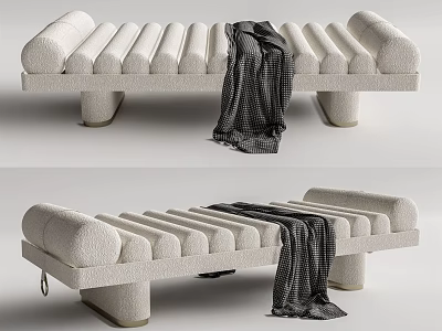White Cylindrical Padded Ottoman with Dark Checkered Blanket Placed on Top 3d model