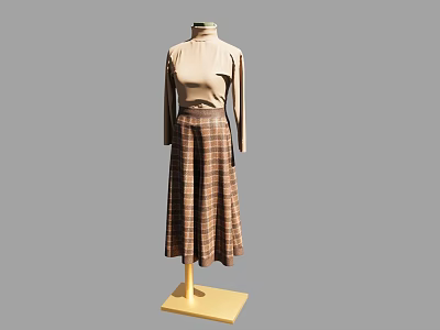 Fashion Model in Beige Turtleneck Top and Plaid Midi Skirt on Yellow Base 3d model