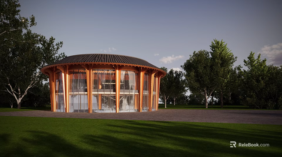 Traditional Ancient Building Featuring Circular Roof Wooden Frame Glass Walls Surrounded By Grassland And Trees 3d model 