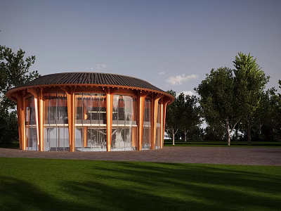 Traditional Ancient Building Featuring Circular Roof Wooden Frame Glass Walls Surrounded By Grassland And Trees 3d model
