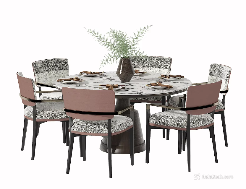 Round Dining Table Set With Patterned Gray Pink Chairs Green Plant Vase And Tableware 3d model
