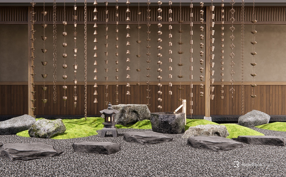 Garden Landscape Stone Stepping Stones With Gravel Green Grass Wooden Wall And Hanging Lanterns 3d model 
