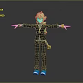 Green-haired Character Wearing Black Outfit Blue Shoes Golden Bracelets and Yellow Creature Pendant Arms Outstretched