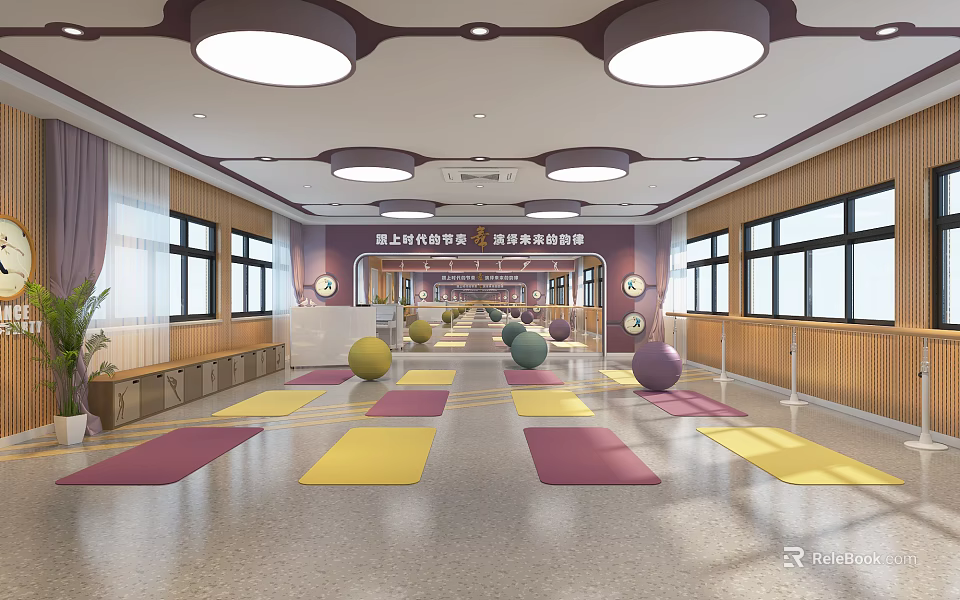 Indoor Fitness Studio With Colorful Yoga Mats Neatly Arranged Exercise Balls And Round Ceiling Lights 3d model 