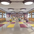 Indoor Fitness Studio With Colorful Yoga Mats Neatly Arranged Exercise Balls And Round Ceiling Lights