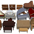 Various Musical Instruments Including Pianos With Different Styles And Wooden Stools 3d model