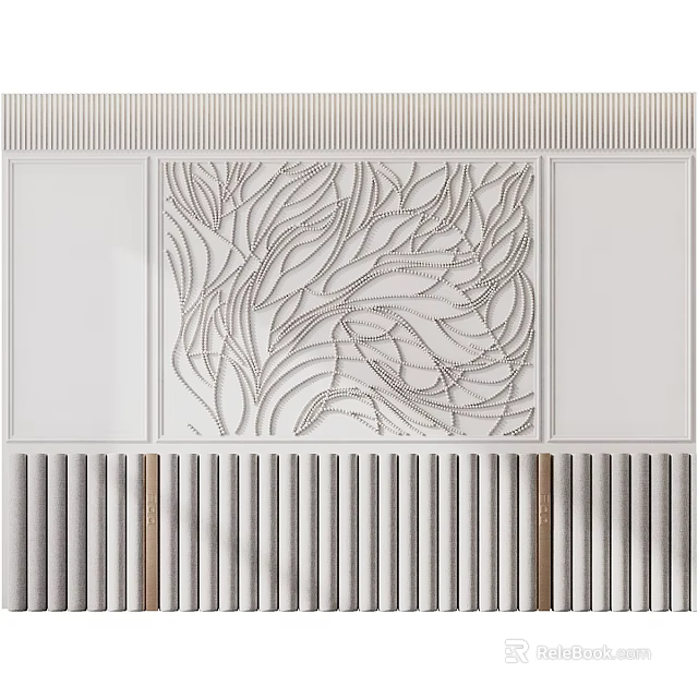 Modern Bedroom Accent Wall With Carved Leaf Pattern And Striped Design 3d model 