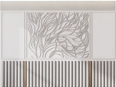 Modern Bedroom Accent Wall With Carved Leaf Pattern And Striped Design 3d model