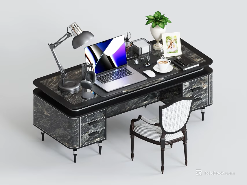 Elegant Desk With Marble Top Drawers Laptop Desk Lamp Green Plant And Chair 3d model 