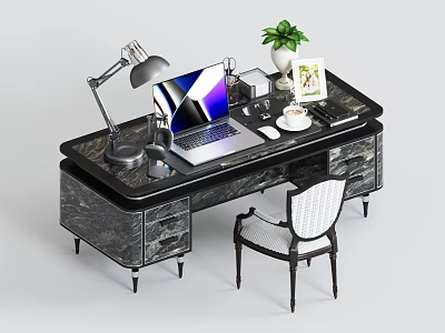 Elegant Desk With Marble Top Drawers Laptop Desk Lamp Green Plant And Chair 3d model