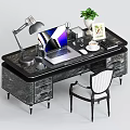 Elegant Desk With Marble Top Drawers Laptop Desk Lamp Green Plant And Chair