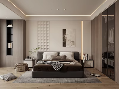 Modern Luxury Bedroom Interior With Wooden Wardrobe Bed Rug Decorative Painting Bookshelf Nightstand And Plant 3d model