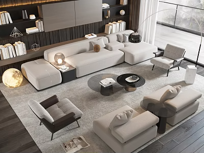 Modern Living Room Design With Beige Sofa Set Round Coffee Table And Accent Chairs 3d model
