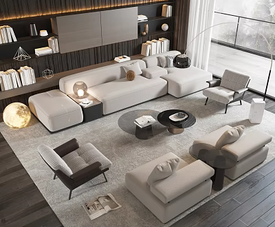 Modern Living Room Design With Beige Sofa Set Round Coffee Table And Accent Chairs 3d model