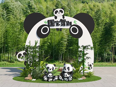 Panda Themed Event Gateway With Bamboo Forest Background And Cute Panda Figures 3d model
