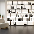 Modern Lighted Bookcase Interior With White Chair Green Plants And Decorations