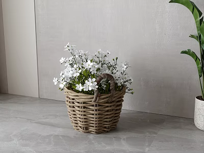 White Small Flowers In Wicker Basket On Gray Floor With Gray Wall And Green Plant 3d model