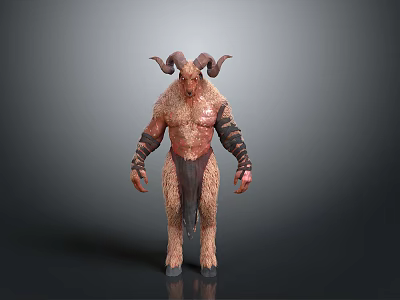 Fantasy Horned Animal With Fur And Arm Tattoos Standing Humanoid Figure 3d model