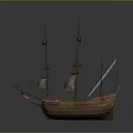 Ancient Wooden Sailing Ship with Multiple Masts and White Sails as Water Transport