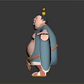 Cartoon Sumo Character In Blue Kimono With Red Obi And Yellow Head Ornament Arms Outstretched