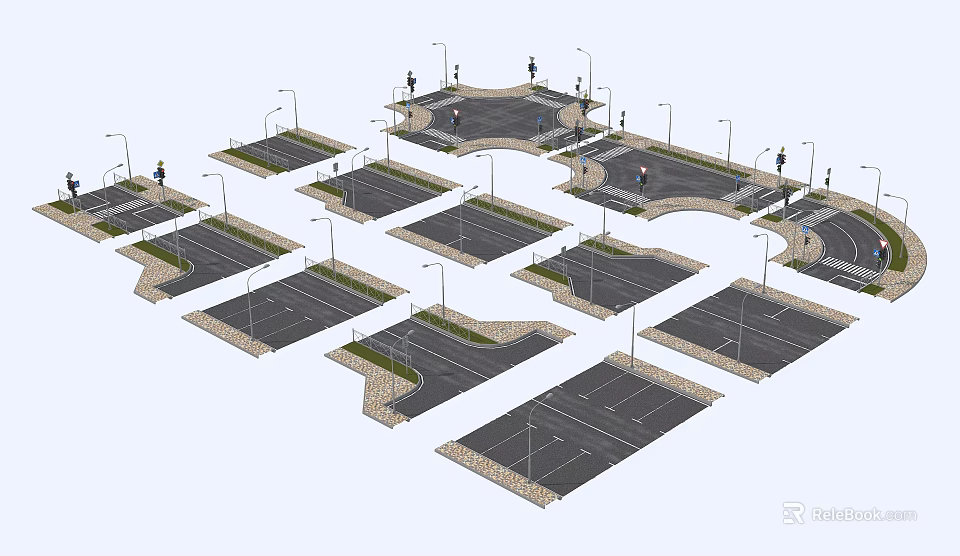 Road Infrastructure Layout With Multiple Crossroads Sidewalks And Street Lamps 3d model