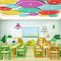 Bright Kindergarten Classroom Interior With Colorful Geometric Ceiling Green Curtains And Vibrant Tables Chairs