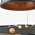 Classic Wooden Billiard Table With Colorful Balls Cue Stick And Hanging Pendant Light