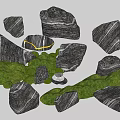 Natural Textured Stone and Wood Elements With Green Mossy Foliage and Organic Shapes