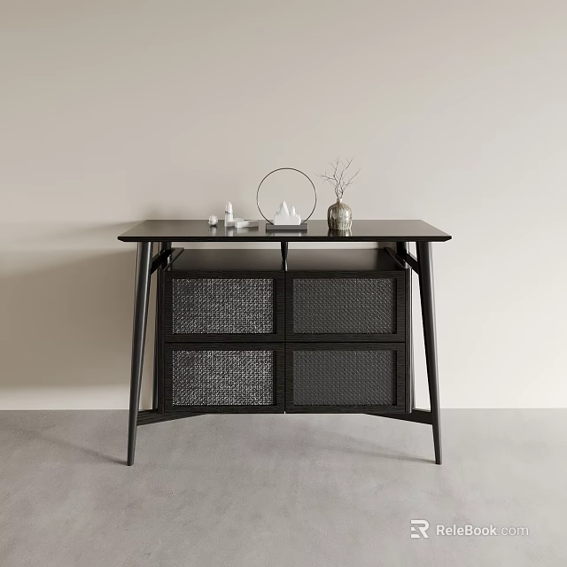 Modern Console Table With Black Frame Woven Drawers And Minimalist Top Decorations 3d model