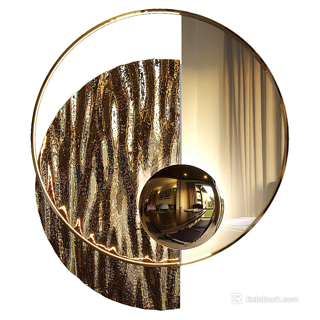 Elegant Modern Circular Gold Framed Mirror Wall Decor With Textured Backdrop And Lighting 3d model