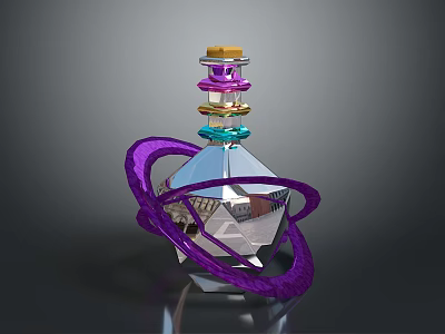 Woman Holding Elegant Crystal Bottle With Purple Ring Golden Cap And Geometric Cut 3d model