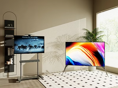 Two Modern Televisions On Stands With Nature Scene And Colorful Abstract Display In Living Room 3d model