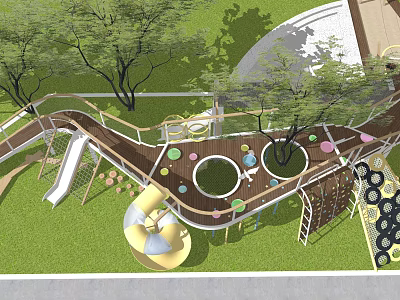 Children's Outdoor Playground Equipment with Slide Circular Platform and Climbing Net in Grass with Trees 3d model