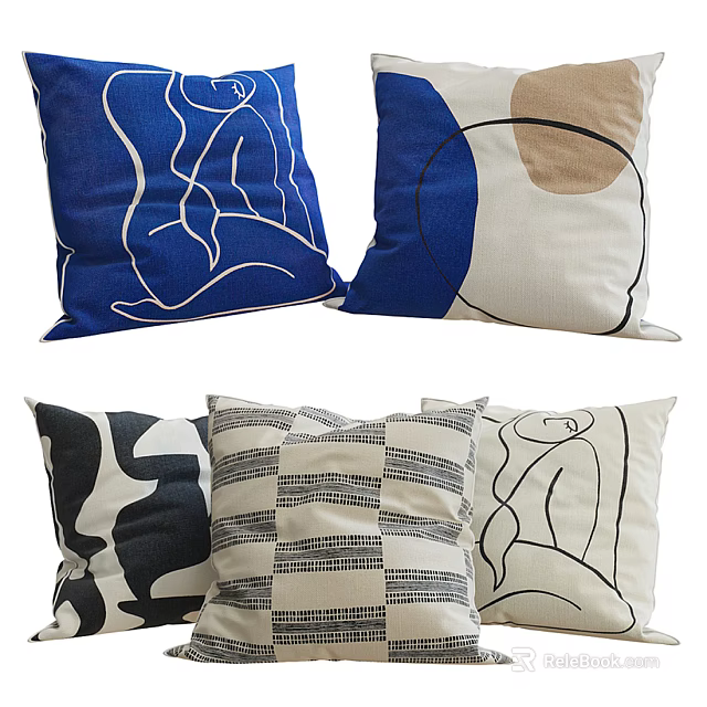 Modern Decorative Pillows With Abstract Line Art Geometric Patterns In Blue Black White 3d model 