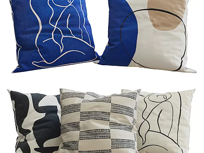 Modern Decorative Pillows With Abstract Line Art Geometric Patterns In Blue Black White 3d model