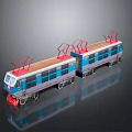 Blue Model Train With Two Carriages And Red Pantographs On Reflective Surface