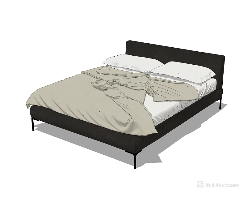 Modern Minimalist Double Bed With Black Headboard And Light Colored Quilt 3d model