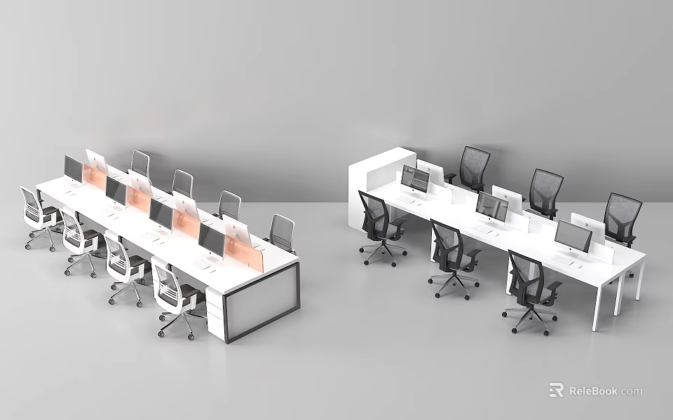 Modern Office Workstations with Partition Panels Computers and Ergonomic Chairs Arranged in Rows 3d model 