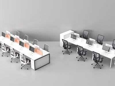 Modern Office Workstations with Partition Panels Computers and Ergonomic Chairs Arranged in Rows 3d model