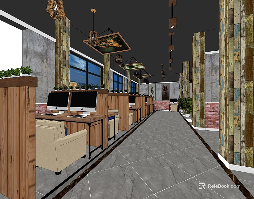 Modern Internet Cafe Interior With Computers Wooden Partitions Large Windows And Green Plants 3d model 