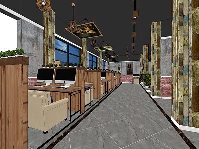 Modern Internet Cafe Interior With Computers Wooden Partitions Large Windows And Green Plants 3d model