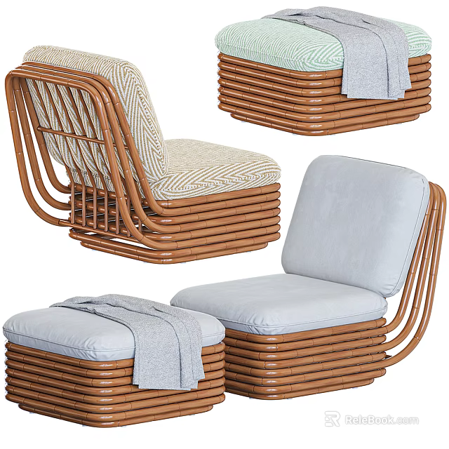 Modern Single Sofa With Rattan Structure Light Gray Cushion Armrest And Matching Ottoman 3d model 