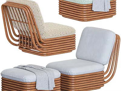 Modern Single Sofa With Rattan Structure Light Gray Cushion Armrest And Matching Ottoman 3d model