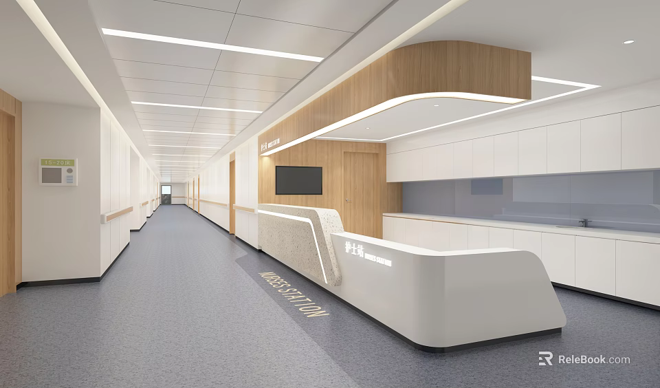 Modern Hospital Outpatient Clinic Interior With White Reception Desk And Wooden Ceiling Lights 3d model 