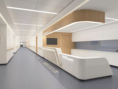 Modern Hospital Outpatient Clinic Interior With White Reception Desk And Wooden Ceiling Lights 3d model