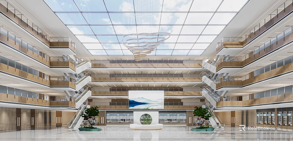 Spacious Hospital Outpatient Hall With Glass Ceiling Multiple Floors Large Display Screen And Green Plants 3d model 
