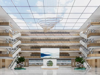 Spacious Hospital Outpatient Hall With Glass Ceiling Multiple Floors Large Display Screen And Green Plants 3d model