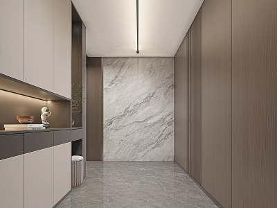 Modern Entryway Hallway Interior With Marble Accent Wall Pendant Light And Storage Cabinets 3d model