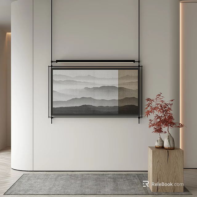 Chinese Style Landscape Painting Hanging On Wall With Red Maple Vase Wooden Stand Entryway 3d model 