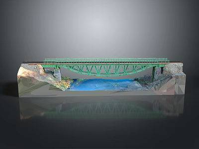 Detailed Green Bridge Model Spanning Canyon With Blue Water And Rocky Mountainsides 3d model